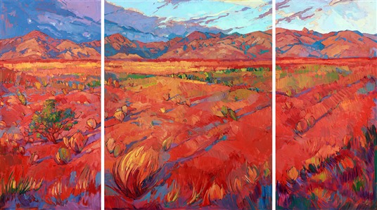 Three expansive panels capture the grandeur and color of the southwest desert. Thickly textured brush strokes move through the painting, bringing the broad outdoors to life on canvas.

This painting was created on three museum-depth canvases, with the painting continued around the edges of each stretched canvas. This painting was designed to hang without a frame, with the canvases spaced 2-4 inches apart on the wall.