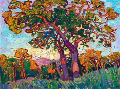 A gnarled oak stands among the tall grasses, its twisted branches catching the warm red rays of sunset. The impressionistic brush strokes are loose and expressive, adding texture and movement to the piece.

"Gnarled Oak" was created on 1/8" linen board, and it arrives in a plein air frame, ready to hang.