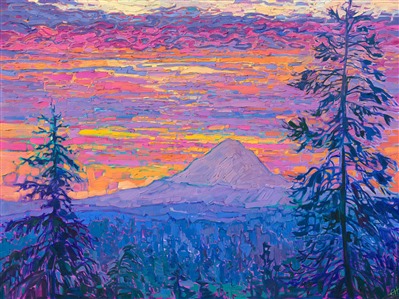 Mt Hood peeks over the layers of evergreens, glowing a dusky hue of majestic purple in the fiery, sunset sky. This bold painting captures all the beauty of the northwest with thick, impressionistic brush strokes. Sunset paintings are the epitome of nature's beauty.

"Mt Hood" is an original oil painting created on 1-1/2" canvas. The piece arrives in a gold floating frame, ready to hang.