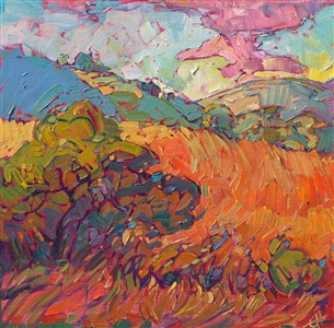 California color blooms in all its glory in this oil painting of Paso Robles. This classic petite by Erin Hanson is being sold on consignment. Erin Hanson has painted over 400 paintings of Paso Robles, and she finds endless inspiration in the untamed grassy hills, live oak trees, and cultivated vineyards.

"Windy Grass" is an original oil painting on canvas panel. The piece arrives framed in a black and gold plein air frame. This piece from 2014 is being sold on consignment.