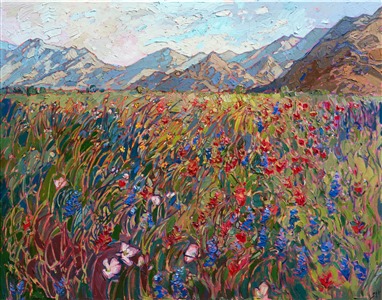 Desert wildflowers dance across the desert floor of Indian Wells, California.  The brush strokes are thickly applied and alive with motion and color.  This painting captures all the beauty of the desert in bloom.