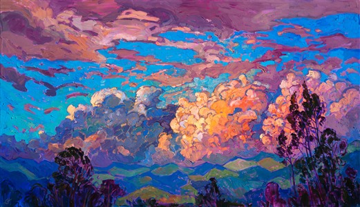 After a week of rain in San Diego, the clouds finally broke, just in time for sunset to light them in glorious hues of orange and pink. The loose, impressionist brush strokes in this painting capture the fleeting moment of color, creating a sense of movement and texture within the skyscape.

This painting was done on 2"-deep canvas, with the painting continued around the edges for a finished look.