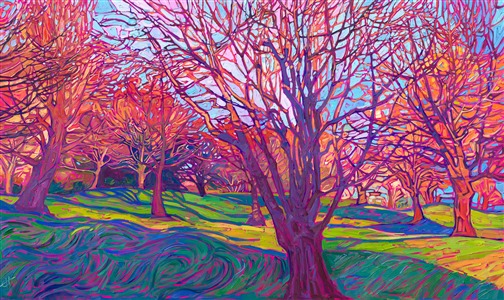 Winter maple trees from Erin's estate in the Willamette Valley, Oregon, are painted here in vivid colors of sunset, offset with cool shadow tones in the wet, cool grass.

"Estate Maples" was created on gallery-depth canvas, and the painting arrives framed in a contemporary gold floater frame, ready to hang.
