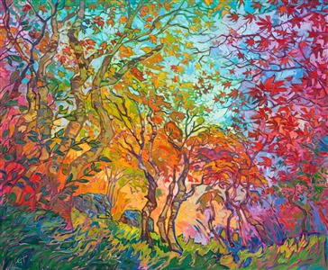 Inspired by the maple trees of Kyoto, Japan, this painting captures all the beauty of autumn with impressionistic color. You can feel the joy of autumn emanating from this painting. Maple trees are magnificent to paint, since their leaves range from pale green and golden yellow to cadmium red and rich purple, sometimes even on the same tree! 

"Impressions of Fall" is a large oil painting created on stretched canvas. The piece arrives framed in a 23kt gold leaf floater frame (the EH frame), ready to hang.