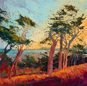 Inspired by Monterey and the famous 17-mile drive, this painting captures all the life and warmth of central California. The thickly applied brush strokes add to the motion of the painting and create a feeling of spontaneity. 

This painting was created on gallery-deep canvas, with the painting continued around the edges of the canvas for a three-dimensional look.  This painting can be hung without framing needed.