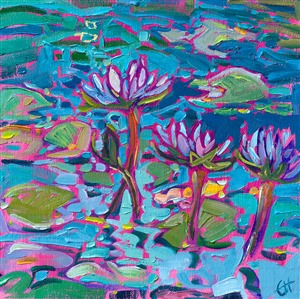 Loose brush strokes and expressive color capture the iconic water lily with impressionistic vivacity. This painting comes alive with contrasting patterns and rhythms within the brushwork.

"Water Lilies in Petite" is an original oil painting on linen board, done in Erin Hanson's signature Open Impressionism style. The piece arrives framed in a wide, mock floater frame finished in black with gold edging.

This piece will be displayed in Erin Hanson's annual <i><a href="https://www.erinhanson.com/Event/petiteshow2023">Petite Show</i></a> in McMinnville, Oregon. This painting is available for purchase now, and the piece will ship after the show on November 11, 2023.