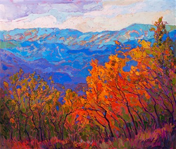 Cadmium-colored aspen trees flame brilliantly with light in this oil painting of Cedar Breaks National Park.  The deep, saturated hues of the glittering aspens are a beautiful contrast against the royal blues of the distant mountains.  Each impressionistic brush stroke complements the next, forming a mosaic of color and motion.

This painting was done on 1-1/2-deep canvas, with the painting continued around the edges. The piece has been framed in a gold floater frame.