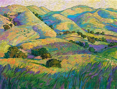 The idyllic rolling hills of central California's wine country are captured here in vibrant colors and thick, expressive brush strokes. The afternoon light seems to glow from the canvas, drawing you into the impressionistic vision created by the artist.

This painting was done on 1-1/2" canvas, with the edges of the canvas painted. The piece will be framed in a gold floater frame and it arrives ready to hang.