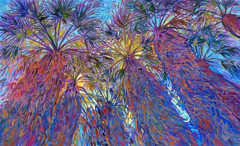 Looking up into the palm tree fronds at Indian Canyon Palm Oasis is the quintessential experience of Palm Springs. This painting captures the beauty and color of the desert with wide, expressive brush strokes and subtle color variations.

<b>Note:
"Palm Impressions" is available for pre-purchase and will be included in the <i><a href="https://www.erinhanson.com/Event/SearsArtMuseum" target="_blank">Erin Hanson: Landscapes of the West</a> </i>solo museum exhibition at the Sears Art Museum in St. George, Utah. This museum exhibition, located at the gateway to Zion National Park, will showcase Erin Hanson's largest collection of Western landscape paintings, including paintings of Zion, Bryce, Arches, Cedar Breaks, Arizona, and other Western inspirations. The show will be displayed from June 7 to August 23, 2024.

You may purchase this painting online, but the artwork will not ship after the exhibition closes on August 23, 2024.</b>
<p>