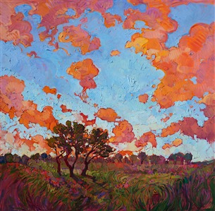 Brilliantly colored skies and wildflowers fill this landscape painting with color and life.  The thickly applied brush strokes add texture and movement to the oil painting, a modern take on impressionism: Hanson's hallmark style of Open Impressionism.

This painting was created on 2"-deep canvas, with the painting continued around the edges of the stretched canvas. It arrives ready to hang without a frame. 

