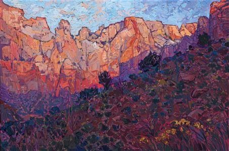 Zion National Park is one of the most beautiful places in southern Utah. This painting captures the dawn rising over the Court of the Patriarchs with thick paint and loose, impressionistic brush strokes. This is a unique painting done over 24kt gold leaf, so you can see the glimmer of gold peeking through behind the brush strokes.

This painting was done on 3/4" stretched canvas.  It has been framed in a hand-carved gold impressionist frame.

This painting will be shown in the <a href="https://www.erinhanson.com/Event/redrock2018" target=_blank"><i>The Red Rock Show</i></a> at The Erin Hanson Gallery, June 16th, 2018.  <a href="https://www.erinhanson.com/Portfolio?col=The_Red_Rock_Show_2018" target="_blank"><u>Click here</u></a> to view the other Red Rock paintings.
