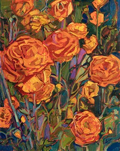 A splash of orange wildflowers dances across a verdant green background, their abstract shapes creating a rhythm of light and shadow across the canvas. 

This painting is a part of Erin Hanson's <i>The Floral Show</i> 2019.

This painting was created on 1/8" linen board, and it arrives framed in a gold plein-air frame.