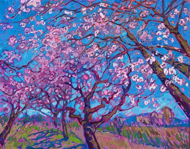 Northwestern cherry trees bloom with delicate hues of pink and white. Spring time in the northwest is like no other -- everywhere you look, you see dozens of varieties of cherry trees creating splashes of color, their boughs heavy with fragrant blossoms. This oil painting captures the beauty of cherry blossoms against a deep blue sky.

"Cherry Blossom" is an original oil painting created on stretched canvas. The piece arrives framed in a gold floater frame, ready to hang.