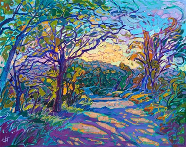 A winding country road in Texas Hill Country is shadowed by willowy oak trees casting delicate patterns across the path. The prismatic light is fractured through the tree boughs like a mosaic or stained glass. The thickly applied brush strokes of oil paint add texture and movement to the piece.

"Crystalline Oaks" was created on gallery-depth canvas, and the painting arrives framed in a closed-corner, gilded floater frame.