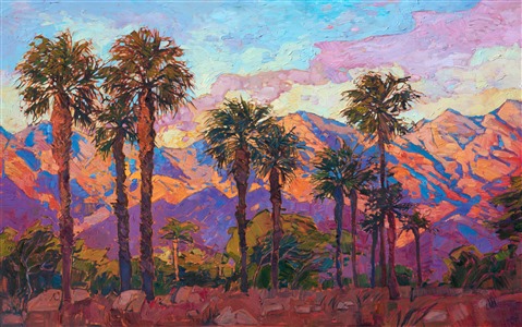 The Santa Rosa mountain range behind La Quinta is most beautiful at dawn, when the warm morning light illuminates the mountains and brings out all the beautiful color of the desert.  This impressionistic painting captures the light and movement of the outdoors with wide, loose brush strokes and vivid color.

This painting was done on 1-1/2" canvas, with the painting continued around the edges for a 3-dimensional effect. The piece has been framed and it arrives ready to hang.