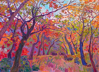 A collection of Japanese maple trees turns into a medley of rainbow autumn colors in October. The brush strokes are loose and impressionistic, creating a sense of movement throughout the painting.

"Japanese Maples" is an original oil painting created on gallery-depth canvas. The piece arrives framed in a contemporary gold floater frame, ready to hang.