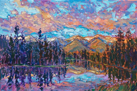 Montana is a land alive with color, especially from late afternoon until dusk. This painting captures the striking color combinations seen at sunset, with thick brush strokes of oil paint applied wtih a loose, painterly style.

This painting was done on 1-1/2" canvas, with the painting continued around the edges of the canvas, and it has been framed in a custom, gold-leaf floater frame. The painting arrives ready to hang.
