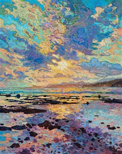 Loose brush strokes and vivid color capture this ocean vista. The impressionistic motion of the painting brings the vivid colors of the outdoors to life.

This painting was done on 1-1/2" canvas, with the painting continued around the edges of the canvas, and it has been framed in a custom frame.