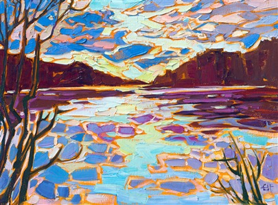 Distant mountains, dark with evergreen trees, are reflected in a still lake near Whitefish, Montana. The expressionistic colors are a combination of reality and the artist's vivid imagination.

"Montana Reflections" is an original oil painting on linen board. The piece arrives framed in a black and gold plein air frame, ready to hang.