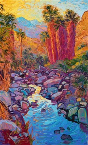 This painting captures the vivid colors of the California desert. The piece was inspired by hiking in Indian Canyons, near Palm Springs. The cool waters of the oasis contrast with the warm colors of sunset sparkling on the desert mountains beyond.

"Palm Reflections" was created on 1-1/2" stretched canvas, with the painting continued around the edges. The painting has been framed in a 23kt gold floating frame. 