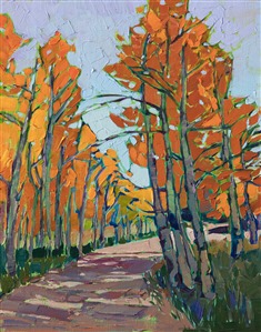 A gently curving trail leads into an aspen grove in Cedar Breaks National Park, Utah. The brilliant hues of the aspens range from bright apple green to yellow to bold, tangerine orange. The abstract shapes of the aspen groves cut negative shapes out of the lavender sky.

This painting was created on linen board, and it arrives ready to hang in a custom-made frame.