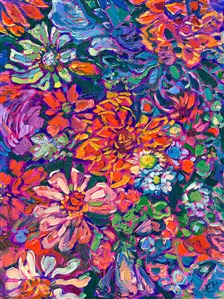 This petite oil painting captures the vibrant hues of a summer bouquet of flowers. Thickly applied brush strokes of oil capture the glimmering colors of the petals.