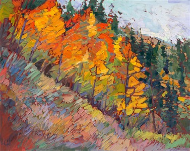 Aspen trees are alive with light and color in this original oil painting.  Landscapes like this are best portrayed in a loose, impressionistic brush stroke, the painterly strokes almost careless in their freedom and beauty.  The painting exudes joy in the essence of color.

This painting was created over 24 karat gold leaf, applied directly to the canvas as an "underpainting."  The thin sheets of genuine gold gleam with subtle light from between the brush strokes, catching the eye and making the painting seem to glow from within.  This style of painting is almost a Gustav Klimt meets Van Gogh. <a href="https://www.erinhanson.com/Blog?p=behind-the-art-woods-of-gold-by-erin-hanson">Read more about this painting here!</a>
