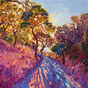 Long shadows radiate from oak trees that frame the steep hiking trail. Dappled light glows with color amongst the crisscrossing branches. The brush strokes are thickly applied and create texture and movement within the painting.

"Crystal Ranch" was inspired by Holman Ranch, in Carmel Valley, CA. The painting arrives framed in a 23kt gold floater frame.