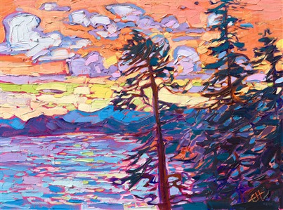 Acadia National Park gleams with brilliant color as dawn approaches. The horizon glimmers with gold and yellow, while lavender clouds glide across the sky.

"Acadia Pines" is a petite oil painting on linen board. The piece arrives framed in a plein air frame, ready to hang.
