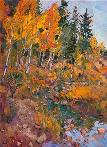 Hiking in Cedar Breaks National Park inspired this painting of October-hued cottonwoods.  A peaceful and secluded breakfast by the side of this quiet brook allowed a restful moment of contemplation and awe for the stunning surroundings.

This painting was created over 24 karat gold leaf, applied directly to the canvas as an "underpainting."  The thin sheets of genuine gold gleam with subtle light from between the brush strokes, catching the eye and making the painting seem to glow from within. 

Like all the <a href="https://www.erinhanson.com/Portfolio?col=24_Karat_Collection">24 Karat Collection</a> paintings, this piece was painted on 3/4" canvas and arrives framed in a classic gilded frame, ready to hang.

Exhibited: St George Art Museum, Utah, in a solo exhibition celebrating the National Park's centennial: <i><a href="https://www.erinhanson.com/Event/ErinHansonMuseumShow2016" target="_blank">Erin Hanson's Painted Parks</a></i>, 2016.