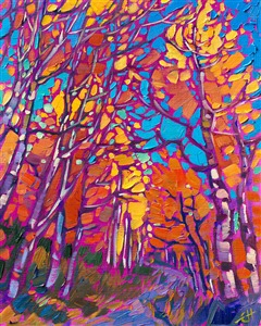Bold hues of fiery color illuminate the landscape in this petite oil painting of Colorado aspen trees. The bright blue of the sky peeks out between the branches, creating a vibrant medley of color and texture.

"Aspen Color" was created on fine linen board, and the painting arrives framed in a plein air frame, ready to hang.