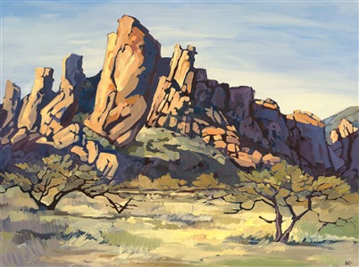 Long purple shadows and spikey desert trees capture the feel of these Utah buttes. This is an early Open Impressionism painting inspired by Erin Hanson's rock climbing explorations in Nevada and southern Utah.

Exhibited: <i>Erin Hanson: Landscapes of the West</i> at Sears Art Museum in St. George, Utah, in 2024.