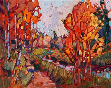 Autumn aspens glow with vibrant color in this loose impressionistic painting.  This painting brings to life the beauty of Cedar Breaks National Park in southern Utah.

This painting was created on 3/4"-deep canvas. It has been framed in a beautiful complementary plein air frame and arrives wired and ready to hang.