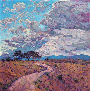 A sweep of monsoon clouds gather above this New Mexico horizon, the purple shadows and distant blue mountain range a beautiful contrast to the warm grasses in the foreground. The impressionist brush strokes are lively and full of texture and color. 

This painting was created on 1-1/2" canvas, with the painting continued around the edges of the canvas. The piece arrives framed in a custom-made, gold floater frame.

This painting was exhibited in <i><a href="https://www.erinhanson.com/Event/ErinHansonAmericanVistas/" target="_blank">Erin Hanson: American Vistas</i></a> at the Nancy Cawdrey Studios and Gallery in Whitefish, Montana, 2019.