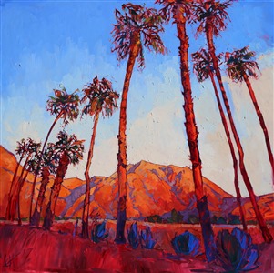 Borrego Springs is captured here in brilliant crimson and violet colors, the artist attempting to paint the wide open space of the Anza Borrego desert and the electrically charged desert air.