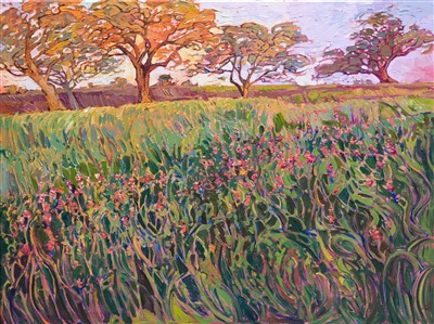 This painting was inspired by the Texas countryside near Brenham.  The Indian paintbrushes catch the late afternoon light and glow with warm color.  Each brush stroke adds to the overall motion of the painting, re-creating the feeling of being outdoors.

This painting was done on 1-1/2" canvas, with the painting continued around the edges. The piece has been framed in a gold floater frame and arrives ready to hang.

This painting is available for purchase from Arts at Denver gallery.