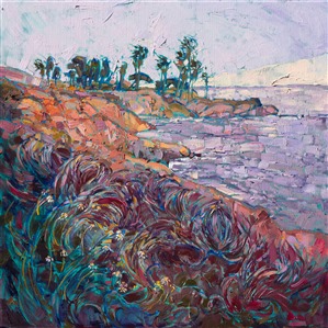 La Jolla's popular Cove is captured in vibrant oils, thickly applied in the style of modern impressionism.  The wildflowers in the foreground draw you into the painting with their curving stalks. The brush strokes create a vivid mosaic of color and texture throughout the painting.

This painting was created on a gallery-depth canvas with the painting continued around the edges. The painting will arrive in a beautiful hardwood floater frame, ready to hang. The second photograph above shows how the piece looks under gallery spot lighting.

Exhibited: "Impressions in Oil", Studios on the Park. Paso Robles, CA. 2015