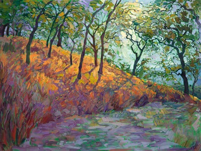 Summer shadows curve over this dusky golden hillside of summer. The cool green undertones of the canvas make the painting glow with a subtle light, while the thickly applied, painterly brush strokes are evocative of a Van Gogh expressionist landscape painting.  

Hanson's modern blend of impressionism, plein aire technique, and expressionism have been heralded as a new style: Open Impressionism. These stylized and abstract landscapes blend the painterly effects of distinct brush strokes with a clean-cut, mosaic tile effect of laying brush strokes side-by-side without layering.  Hanson uses large piles of oil paint, without any additives or gels, and uses only a brush to build up the heavy texture seen in her paintings.

This painting was created on gallery-depth canvas, with the painting continued around the edges. This painting may be hung without being framed, as the sides are painted as a continuation of the piece.  

Collection of The Allegretto Vineyard Resort, Paso Robles, CA. 2015.