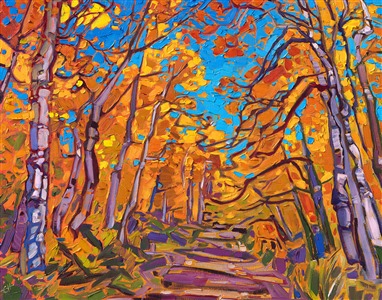 Hiking through the winding trails of southern Utah's aspen forests is peaceful and invigorating. The vibrant hues of gold and orange shimmer around you, while the coin-shaped leaves rustle and clap in the wind. This painting captures the beauty of Cedar Breaks National Park with thick, impressionistic brush strokes.

"Aspens on Blue" is an original oil painting created on linen boad. The piece arrives framed in a black and gold plein air frame.
