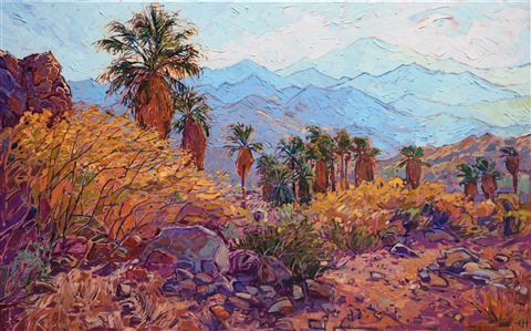 I hiked through Andreas Canyon in the Coachella Valley, shortly after dawn, seeing not a soul through the shaded paths along the oasis and then out onto the rocky path overlooking the desert palms. The distant mountains loomed tall in the distance, a stunning backdrop to the warm colors of the desert landscape.

"Coachella Palms" was created on 1-1/2" canvas, with the painting continued around the edges of the canvas. The piece will be framed in a custom gold floating frame.