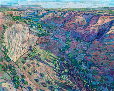 Warm light contrasts with rich shadows in this oil painting of Canyon de Chelly, Arizona.  This painting was inspired by the view standing on the very edge of the canyon, looking down onto the winding river and cottonwood trees below.  The painting captures the beautiful variety of color and textures you can find in the desert.

This painting was done on 1-1/2" canvas, with the painting continued around the edges.  It has been framed in a gilded and hand-carved floater frame.
