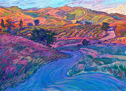 The vineyard-covered hills of Paso Robles, California, catch the early morning light in this idyllic scene. Rich hues of burnt orange and pink sherbet dance across the grassy hills, while the road in the foreground is colored in cool, shadowy hues of blue and purple.

"Dawning Vines" is an original oil painting by Erin Hanson, created in her signature Open Impressionism style. The brush strokes are loose and thickly textured, alive with color and motion.