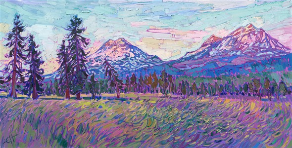 Oregon's Cascade mountain range is famous for its Three Sisters peaks, which can be seen from Bend to Sisters, Oregon. This painting captures the soft dawn light on a clear summer morning in June. The thickly applied, impressionistic brush strokes capture the transient light of the scene.

"Three Sisters" is an original oil painting created on stretched canvas. The piece arrives framed in a wooden floating frame finished with a burnished 23kt gold face and dark, pebbled sides.