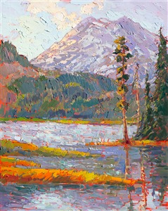 Delicate morning light graces these National Forest peaks in the Oregon Cascades.  The high elevation preserves the snow-capped peaks late into summer.  This painting was created over 24 karat gold leaf, so that there are gold glints peeking between the brush strokes, giving the painting an added allure.

Like all the <a href="https://www.erinhanson.com/Portfolio?col=24_Karat_Collection">24 Karat Collection</a> paintings, this piece was painted on 3/4" canvas and arrives framed in a classic gilded frame, ready to hang.  Please <a href"https://www.erinhanson.com/Contact"> contact the artist</a> for more pictures and video of the finished piece.  

Exhibited: St George Art Museum, Utah, in a solo exhibition celebrating the National Park's centennial: <i><a href="https://www.erinhanson.com/Event/ErinHansonMuseumShow2016" target="_blank">Erin Hanson's Painted Parks</a></i>, 2016.