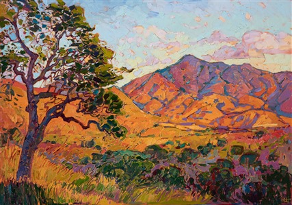 Color-drenched mountains frame a summer valley filled with oak trees.  This painting is a celebration of color and the natural beauty of the wide outdoors.  The brush strokes are thick and impressionistic, creating a sense of motion throughout the painting.

The painting was done on 1-1/2" deep canvas, with the painting continued around the edges.  The piece has been framed in a narrow gold floater frame.