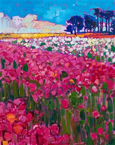 The Carlsbad flower field is captured on canvas in vivid hues of rose and cadmium yellow. The brush strokes are loose and impressionistic, creating a mosaic of color and texture.

"Carlsbad Blooms" was created on fine linen board, and the painting arrives framed in a hand-carved and gilded plein air frame.