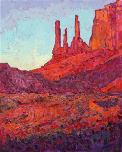 Inspired by Arches National Park, this painting captures the brilliant color of dawn light hitting the Park's enormous and majestic fins of red sandstone.  The abstract style of the painting perfectly renders the bold statement shapes of these ancient formations.  

This painting was created on 1-1/2"-deep canvas, with the painting continued around the edges.  It has been framed in a gold floater frame.