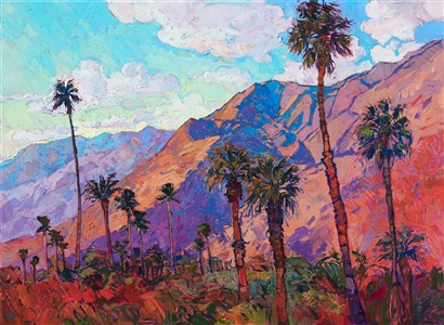 La Quinta, California, is captured in vivid color and luscious brush strokes that bring to life the beauty of early morning in the high desert. The deep shadows of the Santa Rosa Mountains are portrayed in edible colors of purple and blue.

This painting was done on 1-1/2" canvas, with the painting continued around the sides of the canvas.  The piece arrives framed and ready to hang.