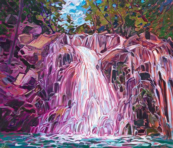 The mammoth waterfalls along Lewis Creek Trail are captured here in bold, impasto brush strokes and vibrant color. The impressionistic brush strokes capture the motion and changing beauty of the falls.

