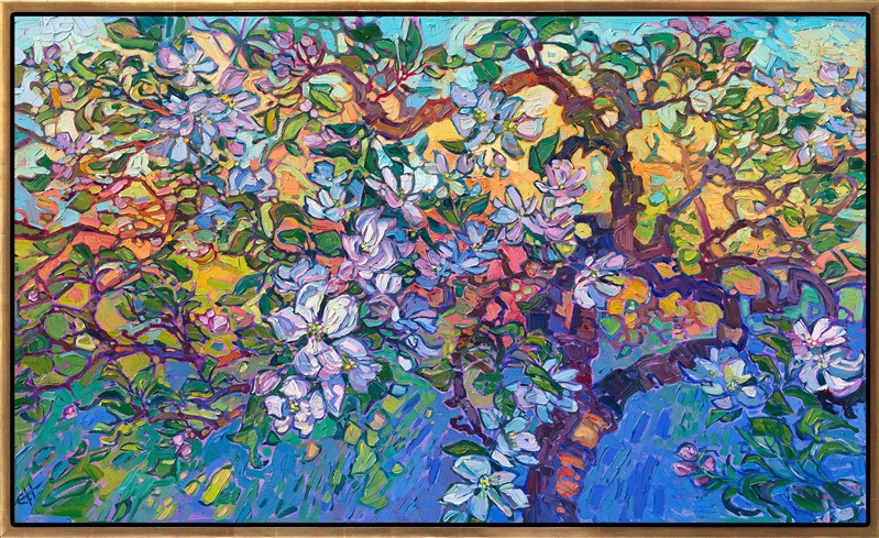 My property in Oregon wine country has a grove of 30-year-old apple trees. The gnarled branches send off fresh shoots every year, and this spring the apple blossoms were the most beautiful I have ever seen. This painting captures the beautiful colors of spring with oil paint and brush.</p><p>"Apple Blossoms" is an original oil painting by Erin Hanson, painted in her signature Open Impressionism style. The painting was done on stretched canvas, and the piece arrives framed in a gold floater frame, ready to hang.